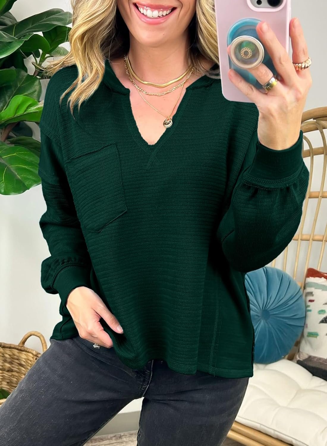 BLENCOT Womens Casual Sweatshirts Crew Neck Long Sleeve 2024 Fashion Waffle Knitted Blouse Pullover Tops with Pocket - Image 6