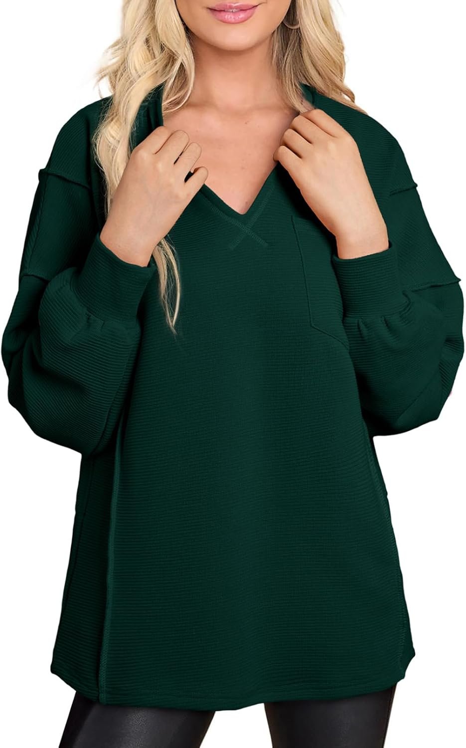 BLENCOT Womens Casual Sweatshirts Crew Neck Long Sleeve 2024 Fashion Waffle Knitted Blouse Pullover Tops with Pocket - Image 7