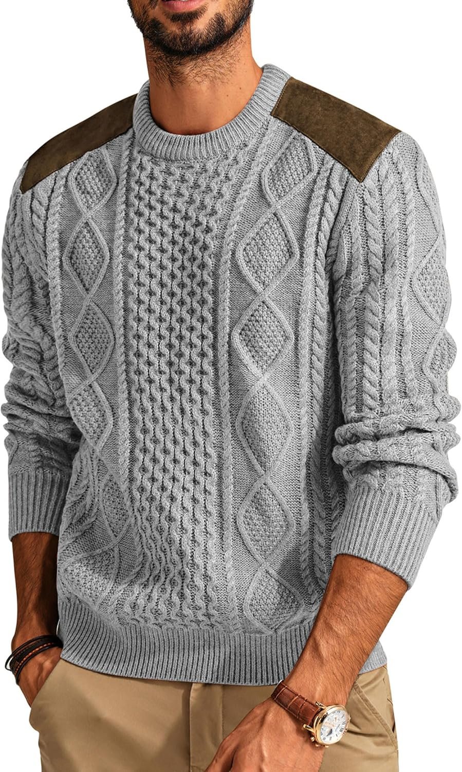 PJ PAUL JONES Men's Military Pullover Sweater Crewneck Vintage Cable Knit Sweater with Suede Patchwork - Image 3
