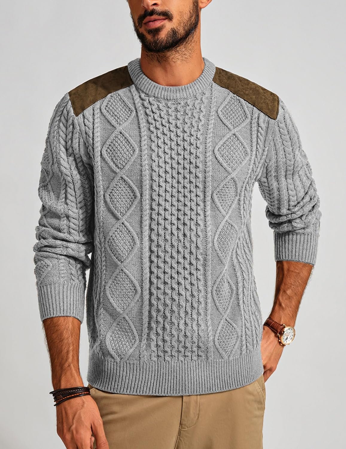 PJ PAUL JONES Men's Military Pullover Sweater Crewneck Vintage Cable Knit Sweater with Suede Patchwork - Image 4