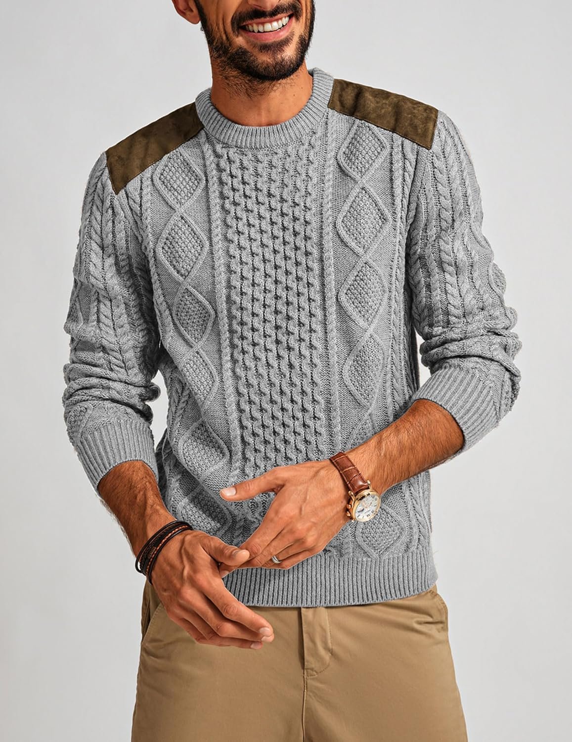 PJ PAUL JONES Men's Military Pullover Sweater Crewneck Vintage Cable Knit Sweater with Suede Patchwork - Image 5