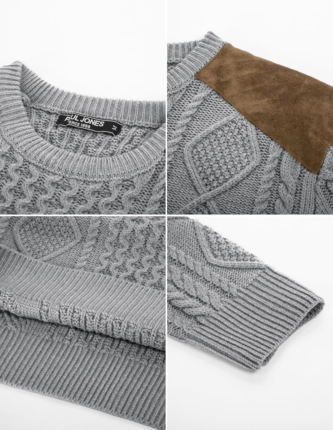 PJ PAUL JONES Men's Military Pullover Sweater Crewneck Vintage Cable Knit Sweater with Suede Patchwork - Image 7