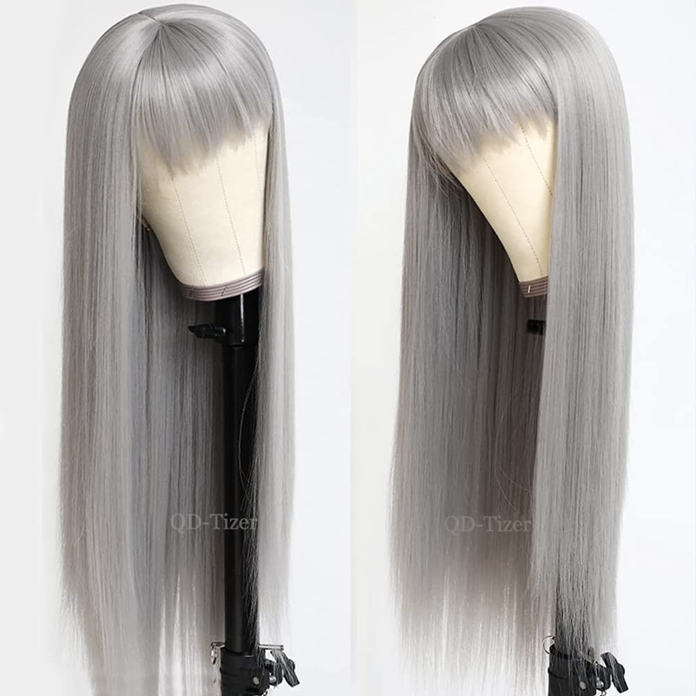 QD-Tizer Grey Hair Color Long Straight Wigs with Bangs Natural Grey Colored Synthetic Hair No Lace Wigs for Women - Image 3