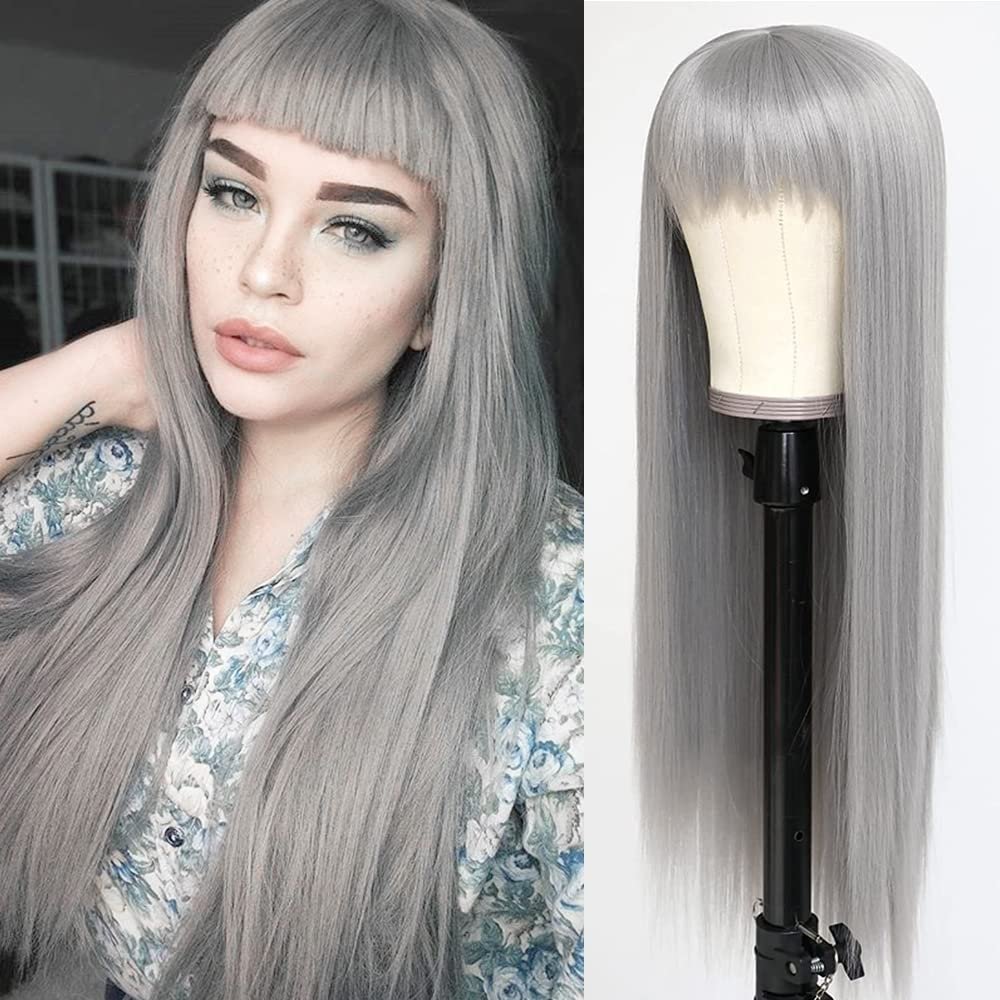 QD-Tizer Grey Hair Color Long Straight Wigs with Bangs Natural Grey Colored Synthetic Hair No Lace Wigs for Women - Image 4