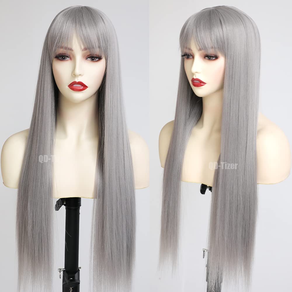 QD-Tizer Grey Hair Color Long Straight Wigs with Bangs Natural Grey Colored Synthetic Hair No Lace Wigs for Women - Image 5