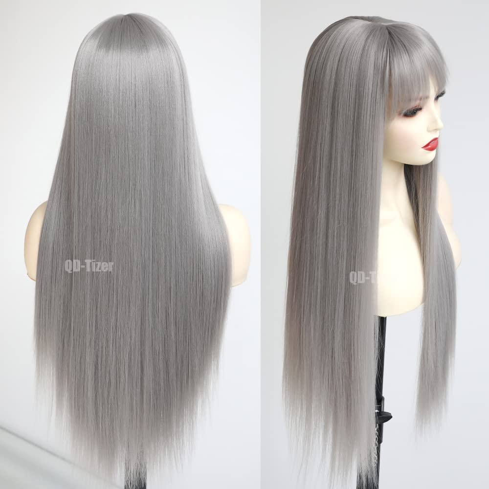 QD-Tizer Grey Hair Color Long Straight Wigs with Bangs Natural Grey Colored Synthetic Hair No Lace Wigs for Women - Image 6