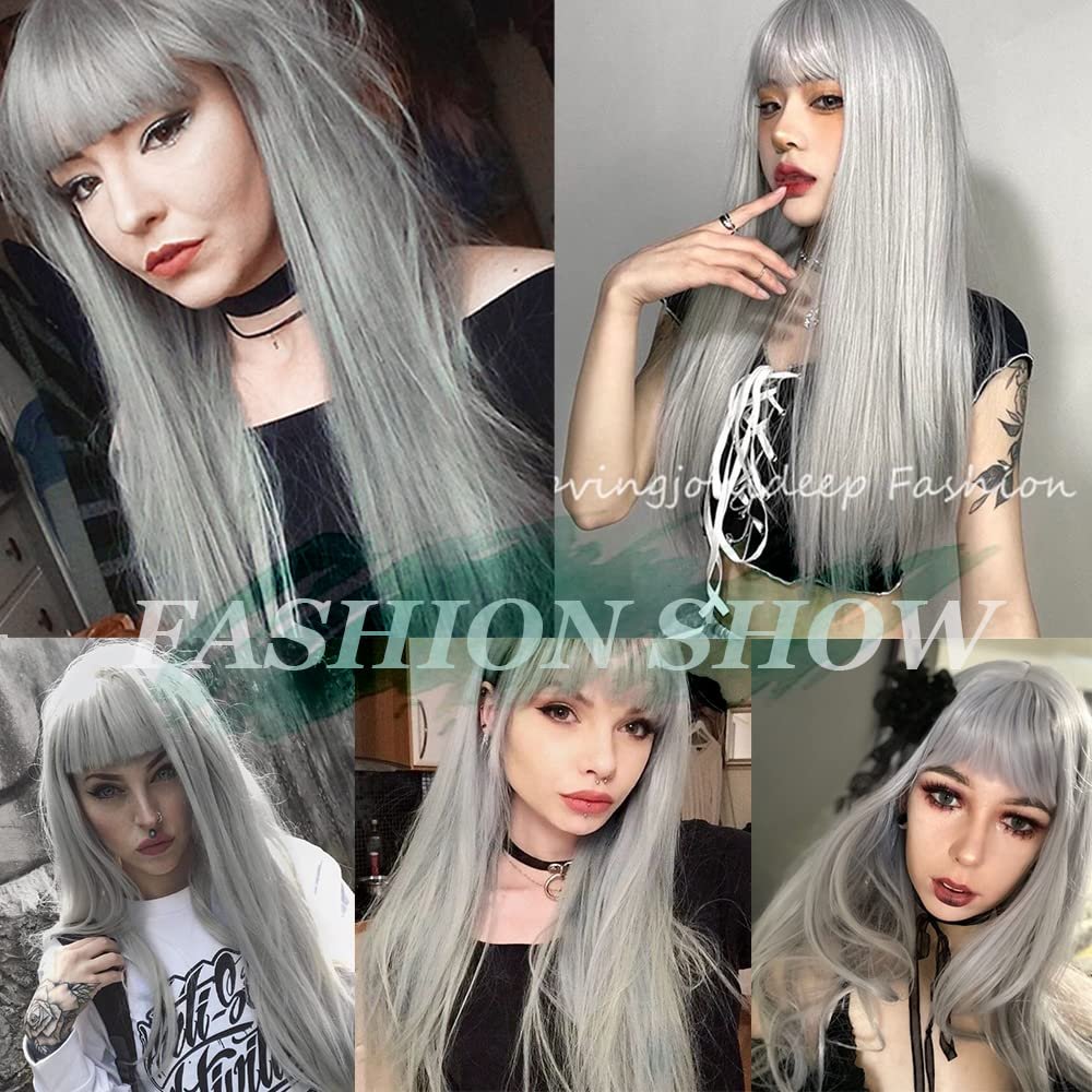 QD-Tizer Grey Hair Color Long Straight Wigs with Bangs Natural Grey Colored Synthetic Hair No Lace Wigs for Women - Image 8