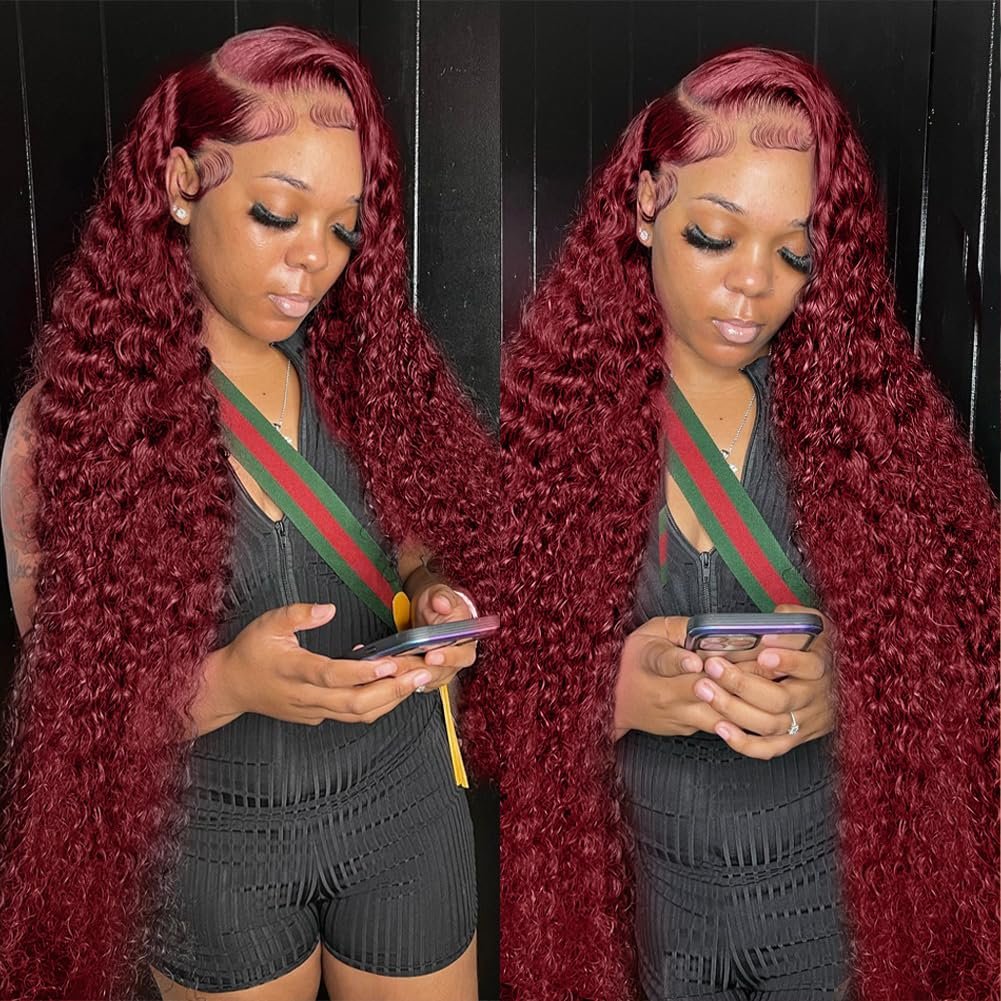 99J Burgundy Deep Wave Lace Front Wigs Human Hair Pre Plucked with Baby Hair 13x4 HD Transparent Lace Frontal Wigs Human Hair Wigs for Women 180% Density Glueless Lace Colored Wigs 22 inch - Image 2