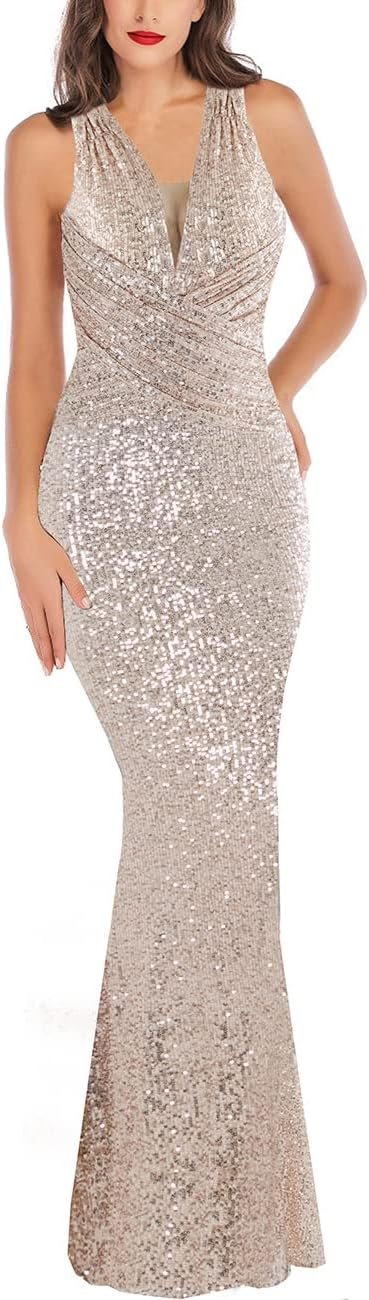 A ARFAR Women Wedding Sequin Dress V-Neck Sleeveless Dress Mermaid Maxi Long Dress Formal Evening Prom Gowns - Image 2