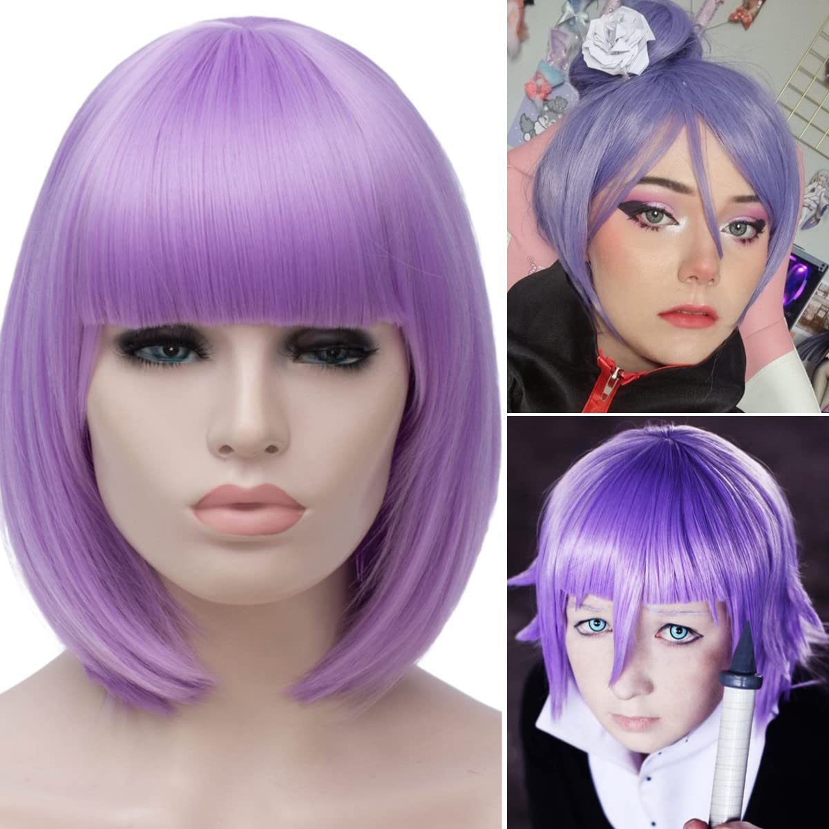 Akkya Wigs for Women Short Colored Hair Wig with Bangs Wavy Synthetic Bob Shoulder Length Light Purple Wig for Party Costume Cosplay (12inch,light purple) - Image 2