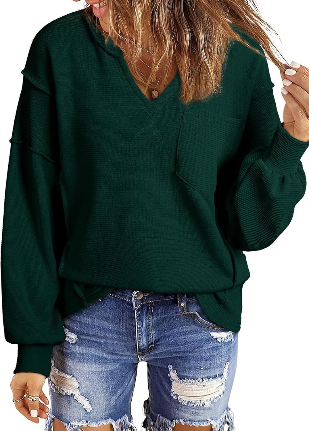 BLENCOT Womens Casual Sweatshirts Crew Neck Long Sleeve 2024 Fashion Waffle Knitted Blouse Pullover Tops with Pocket - Image 2