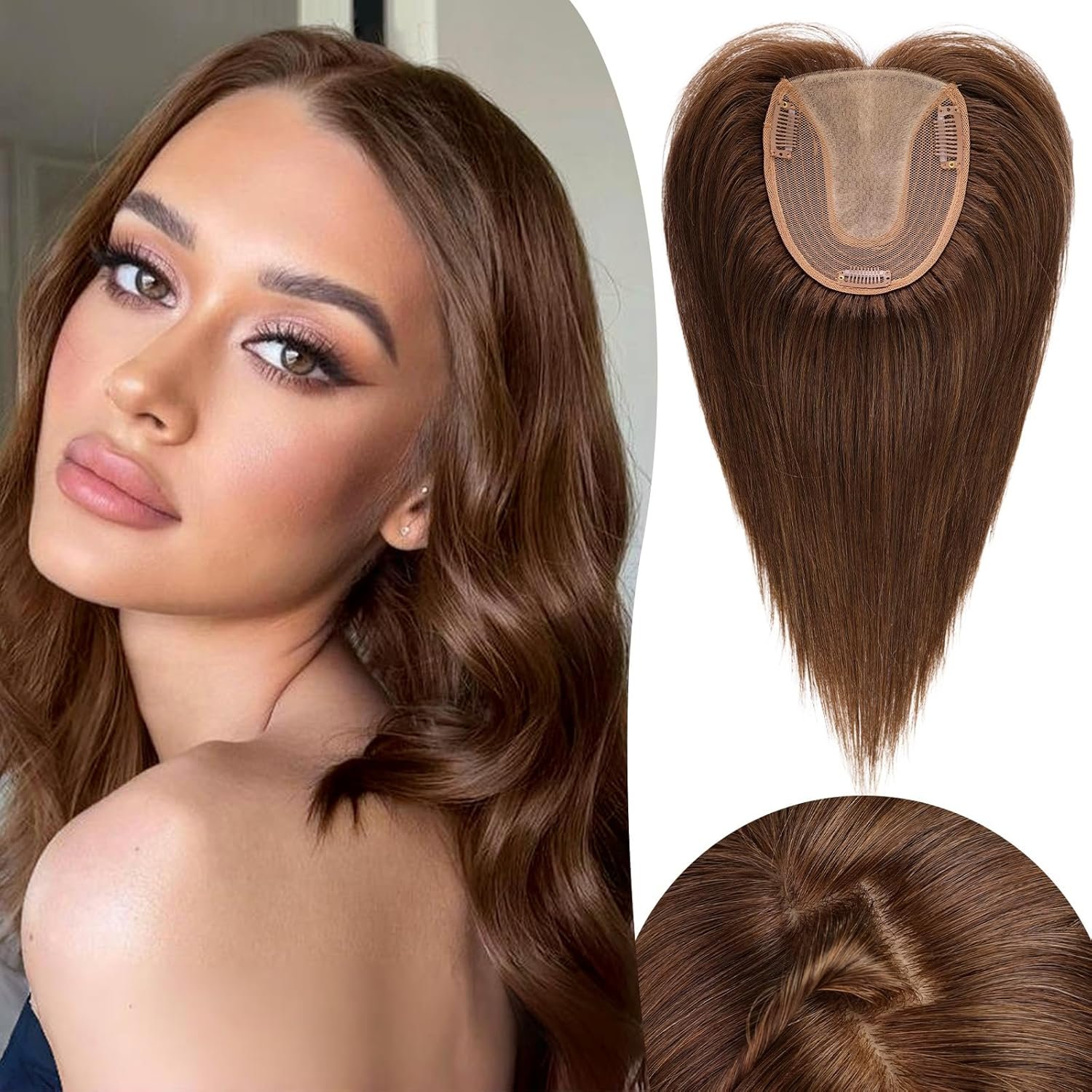 BLONDE UNICORN 5"*5.5" Base Human Hair Toppers,Natural Brown Middle Part Hair Toppers,Brown Hair Toppers for Women with Thinning Hair Cover 14IN - Image 2