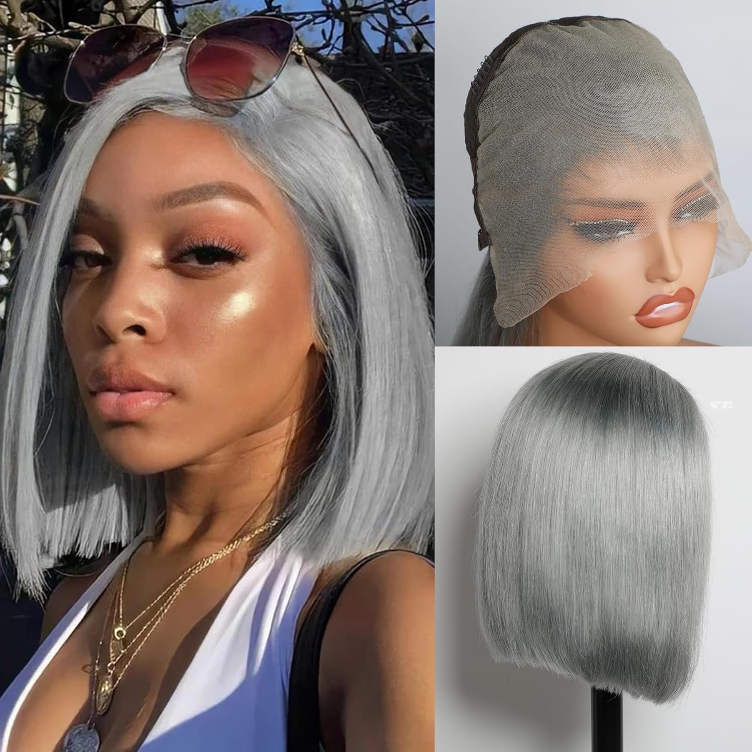 Grey Color 13x6 Bob Lace Front Wig Human Hair Straight Transparent Lace Frontal Wigs Pre Plucked with Baby Hair Brazilian Remy 180 Density Pre Plucked Short Colored Wigs for Black Women - Image 2