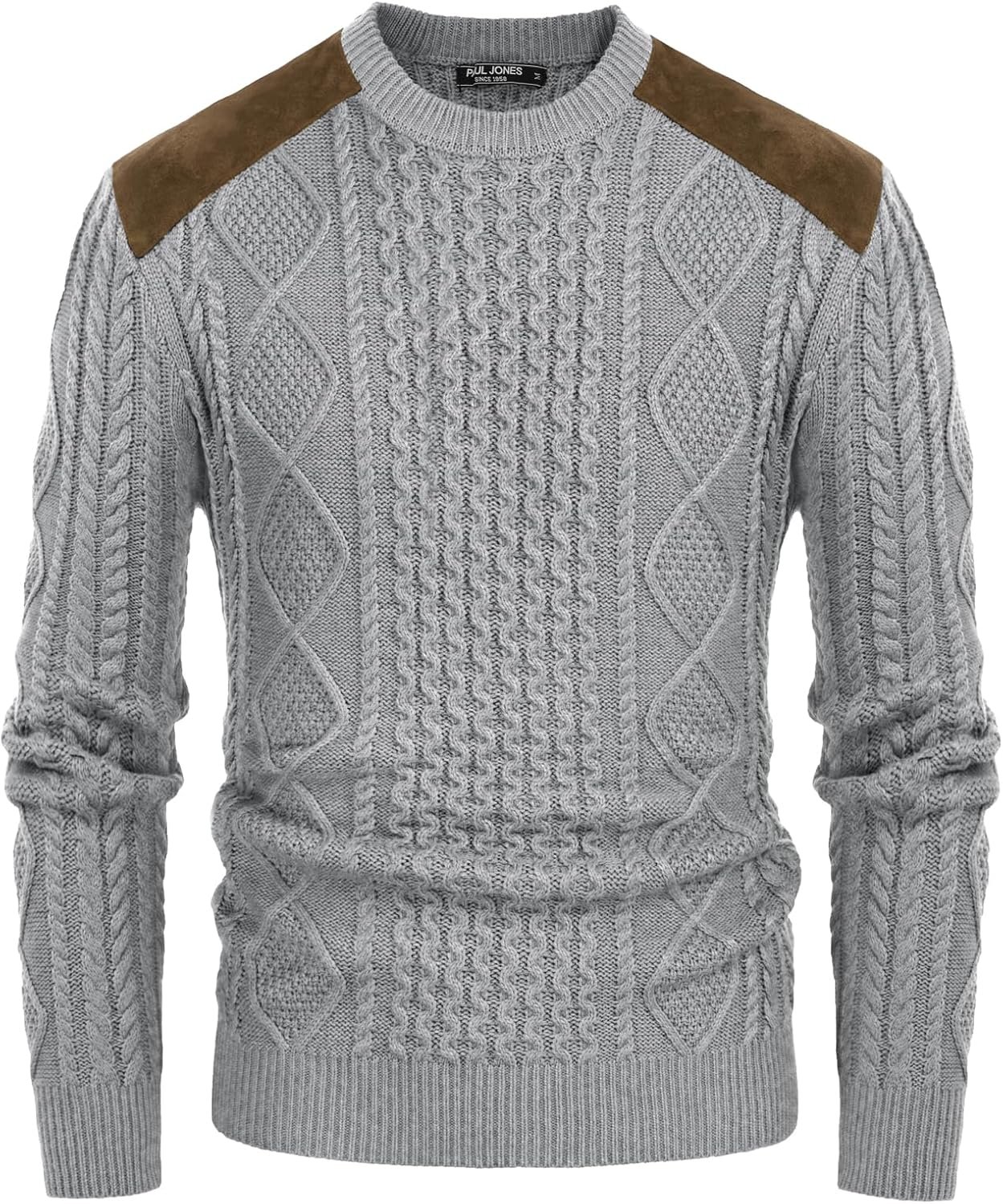PJ PAUL JONES Men's Military Pullover Sweater Crewneck Vintage Cable Knit Sweater with Suede Patchwork - Image 2