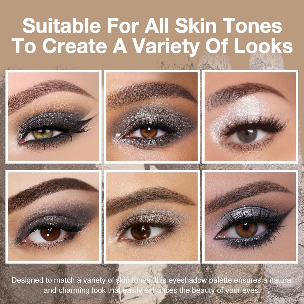 Kaely 6 Colors Mini Eyeshadow Makeup Palette for Women Smoky Eyes, Black Smoky Gray Grey White Silver Taupe Glitter Shimmer Eye Shadow Palette Long Lasting Pigmented Built in Mirror Travel Size 02 - Image 3