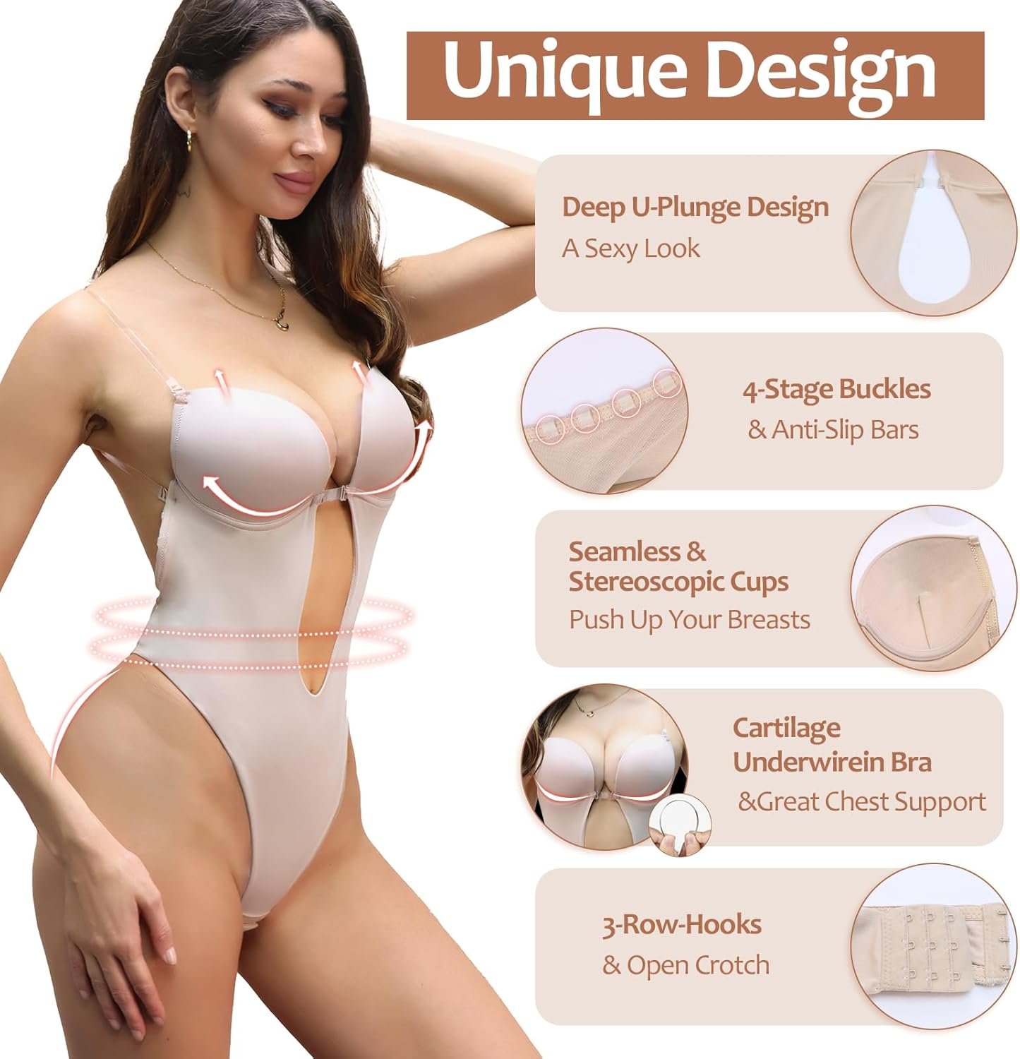 Women Shapewear Backless Body Bra Shaper Deep Plunge Low Back Open Crotch Shapewear for Wedding Party Daily Use - Image 3