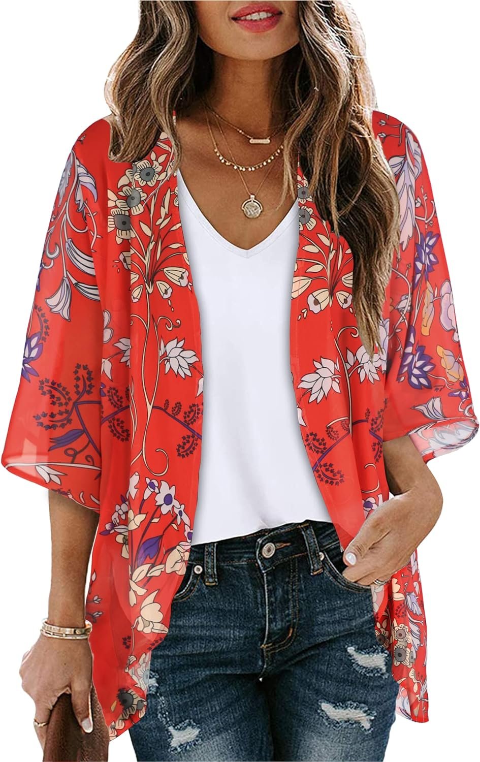 Women's Floral Print Puff Sleeve Kimono Cardigan Loose Cover Up Casual Blouse Tops - Image 2