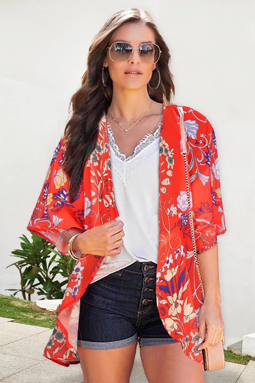 Women's Floral Print Puff Sleeve Kimono Cardigan Loose Cover Up Casual Blouse Tops - Image 3