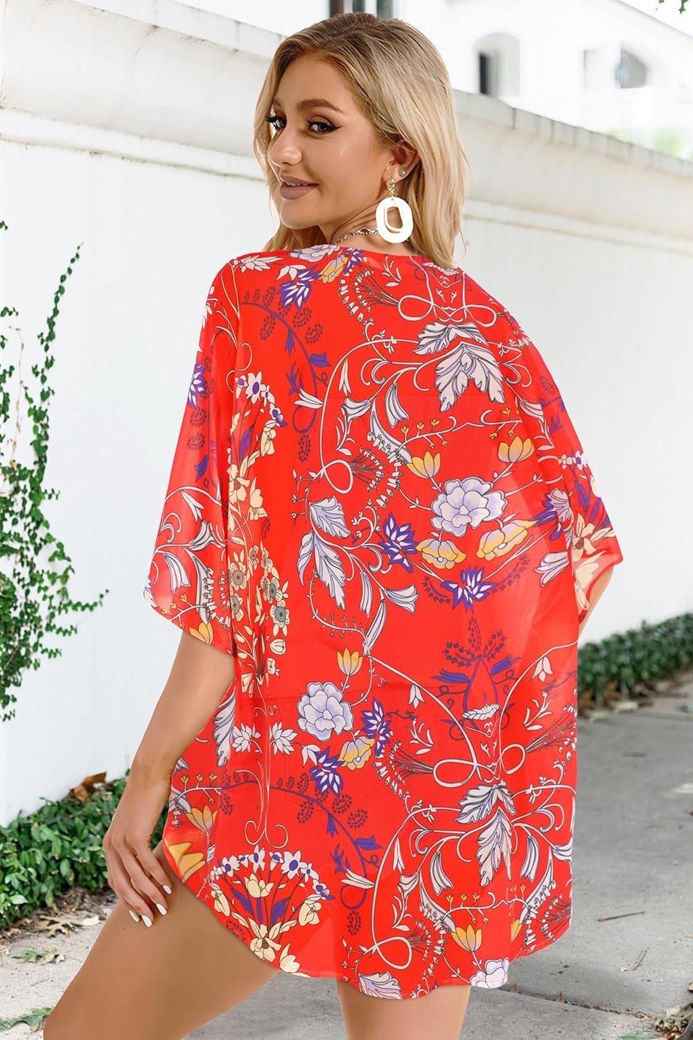 Women's Floral Print Puff Sleeve Kimono Cardigan Loose Cover Up Casual Blouse Tops - Image 7