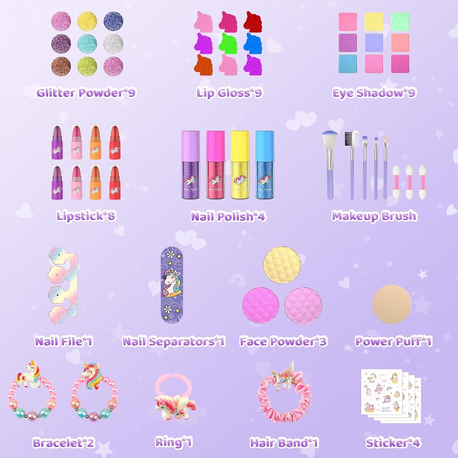 PERRYHOME Kids Makeup Set for Girl 63 Pcs Unicorn Toys for Girls, Real Washable Non-Toxic Cosmetic Toddler Make Up Kit, Unicorn Toys Princess Dress up Christmas & Birthday Girl Gifts for 3-12(Purple) - Image 3