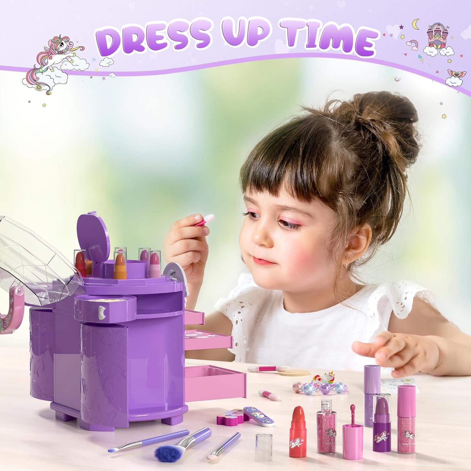 PERRYHOME Kids Makeup Set for Girl 63 Pcs Unicorn Toys for Girls, Real Washable Non-Toxic Cosmetic Toddler Make Up Kit, Unicorn Toys Princess Dress up Christmas & Birthday Girl Gifts for 3-12(Purple) - Image 4