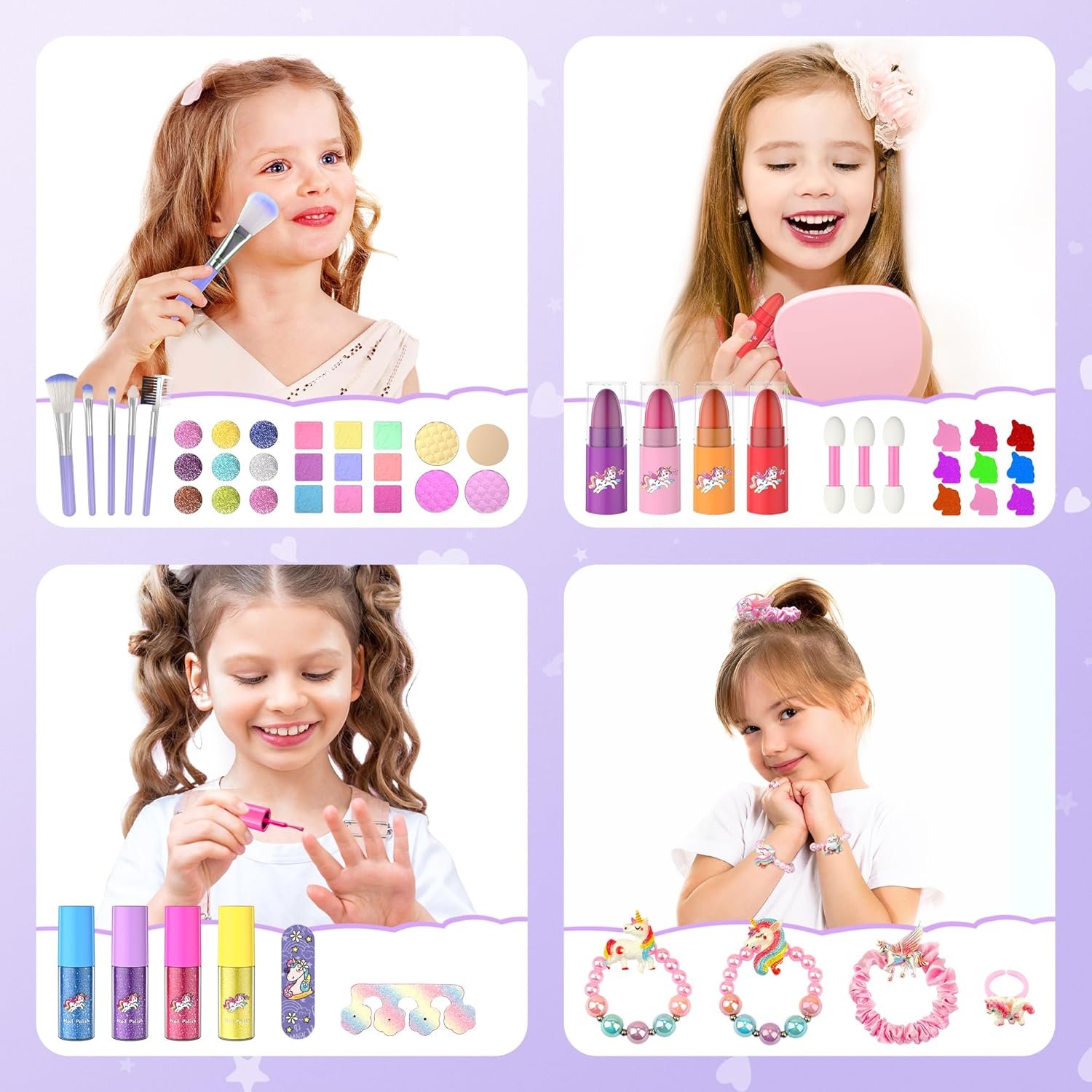 PERRYHOME Kids Makeup Set for Girl 63 Pcs Unicorn Toys for Girls, Real Washable Non-Toxic Cosmetic Toddler Make Up Kit, Unicorn Toys Princess Dress up Christmas & Birthday Girl Gifts for 3-12(Purple) - Image 6