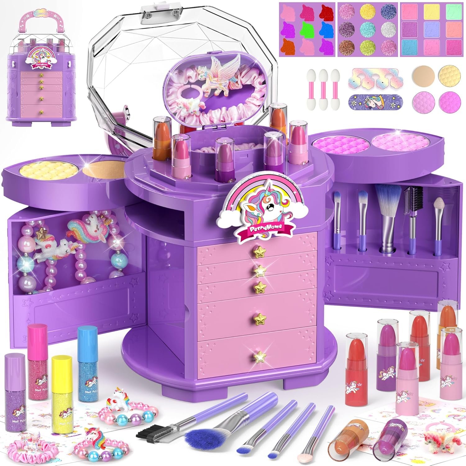 PERRYHOME Kids Makeup Set for Girl 63 Pcs Unicorn Toys for Girls, Real Washable Non-Toxic Cosmetic Toddler Make Up Kit, Unicorn Toys Princess Dress up Christmas & Birthday Girl Gifts for 3-12(Purple) - Image 2