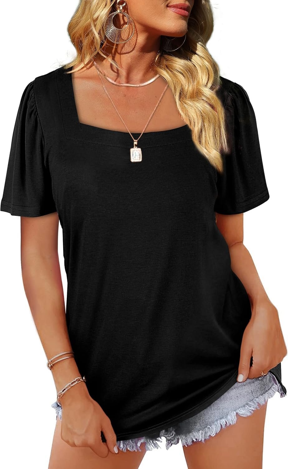 WIHOLL Womens Summer Tops Casual Square Neck Puff Short Sleeve T Shirts - Image 3