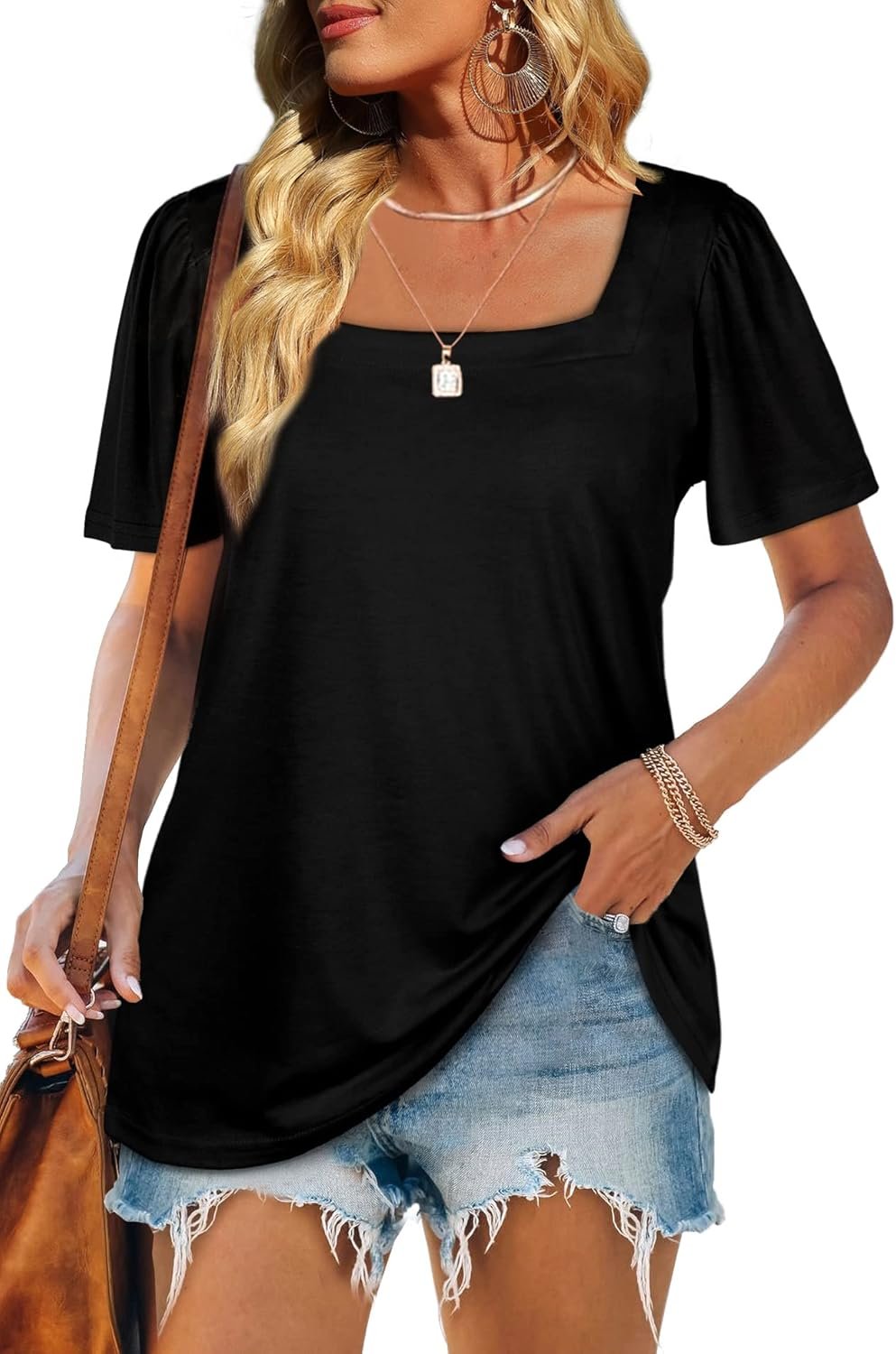 WIHOLL Womens Summer Tops Casual Square Neck Puff Short Sleeve T Shirts - Image 4