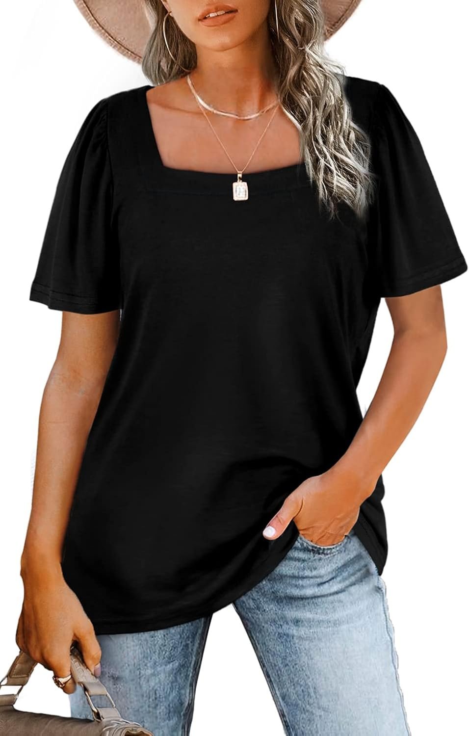WIHOLL Womens Summer Tops Casual Square Neck Puff Short Sleeve T Shirts - Image 2