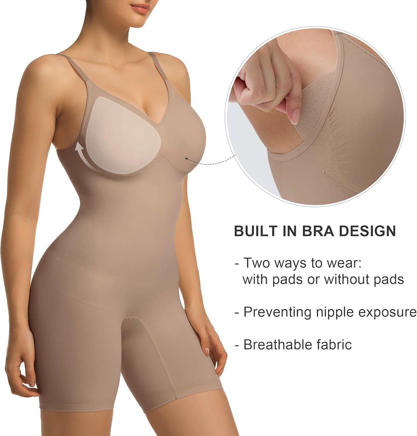 SHAPERX Women's Bra Free Bodysuits Tummy Control Shapewear Mid Thigh Body Shaper with Removable Pads - Image 3