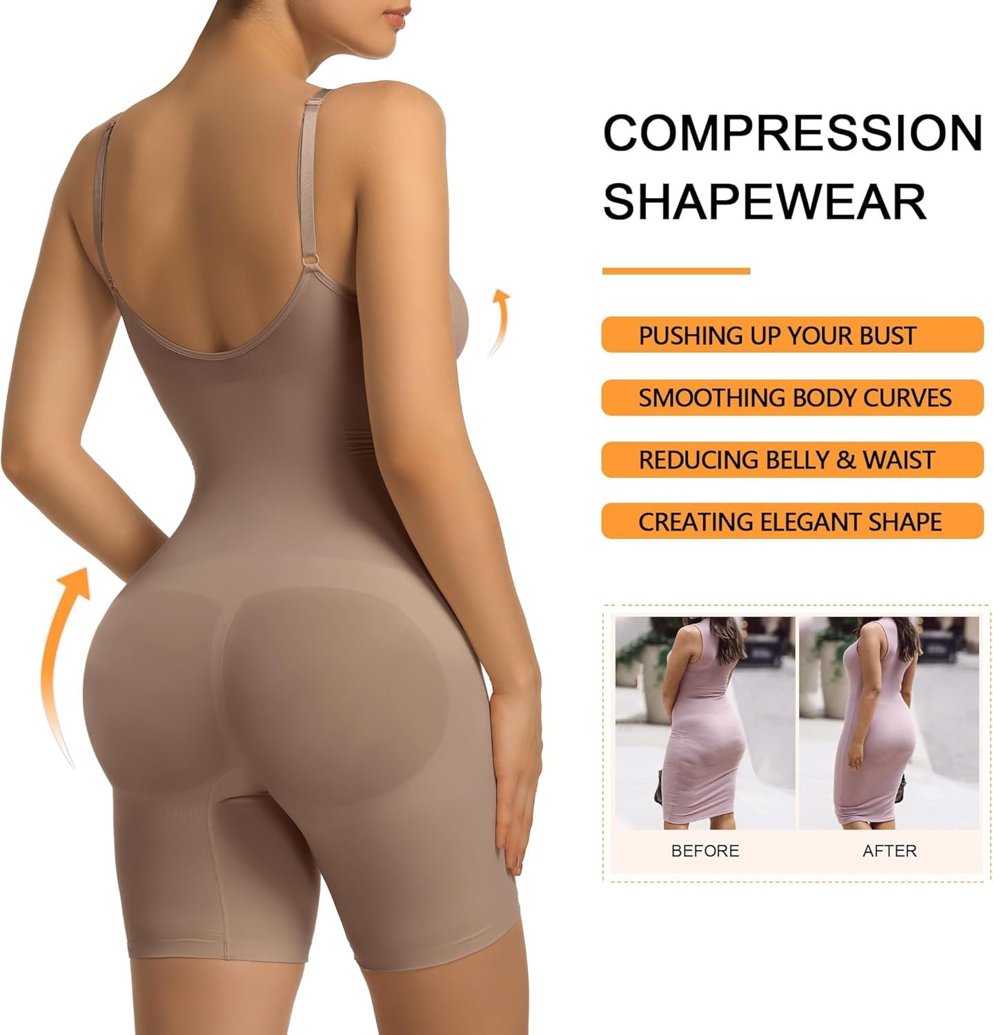 SHAPERX Women's Bra Free Bodysuits Tummy Control Shapewear Mid Thigh Body Shaper with Removable Pads - Image 4