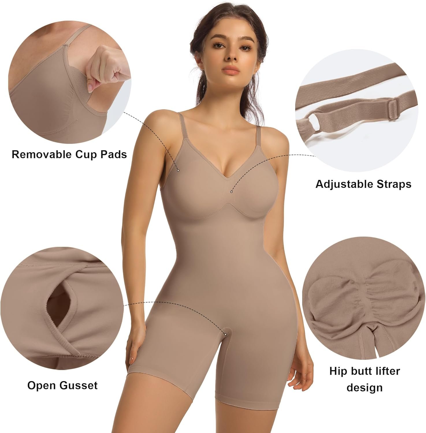SHAPERX Women's Bra Free Bodysuits Tummy Control Shapewear Mid Thigh Body Shaper with Removable Pads - Image 5