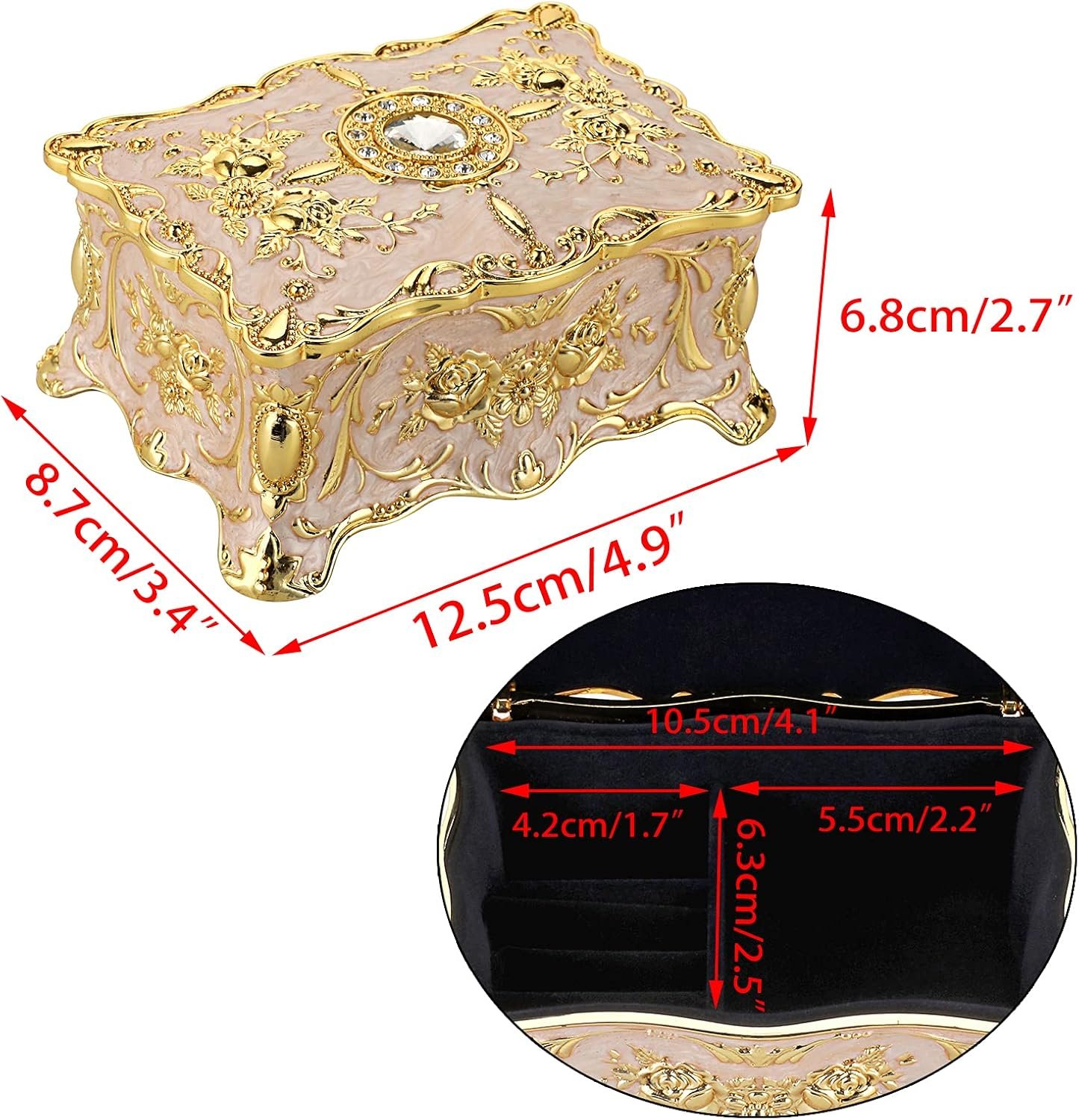 Hipiw Vintage Jewelry Organizer Box - Metal Trinket Storage Box Ornate Treasure Chest Box Jewelry Decorative box Keepsake Gift Box Case for Women Girls,4.9"x3.4"x2.7" - Image 6