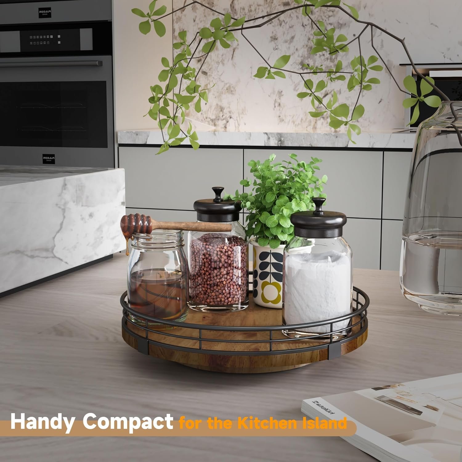 Farmhouse Oak 9" Lazy Susan Turntable Organizer for Cabinet, Round Wooden Lazy Susan Organization and Storage for Dining Table, Pantry, Kitchen, Countertop, Cupboard,Home Decor, Walnut Wood - Image 3