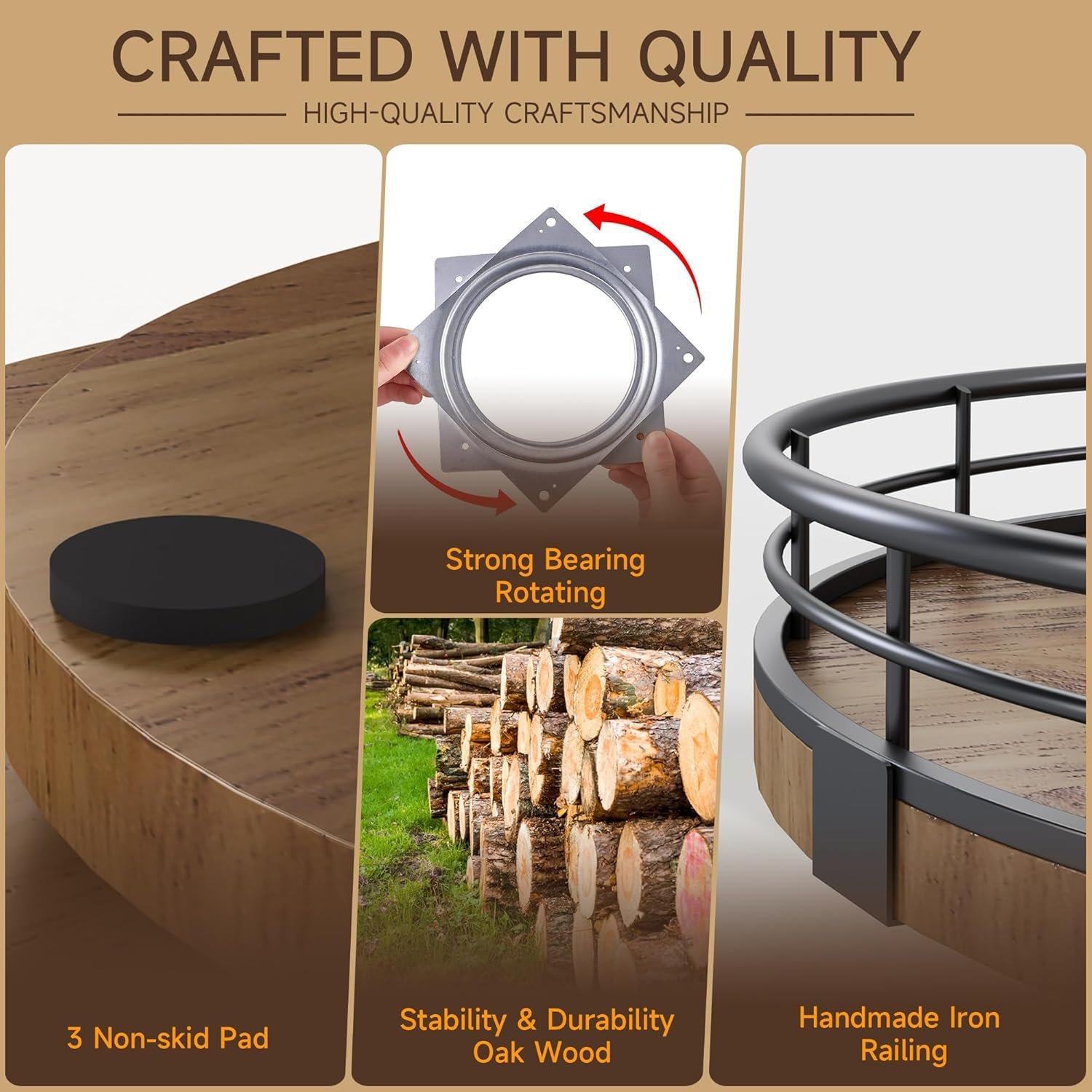 Farmhouse Oak 9" Lazy Susan Turntable Organizer for Cabinet, Round Wooden Lazy Susan Organization and Storage for Dining Table, Pantry, Kitchen, Countertop, Cupboard,Home Decor, Walnut Wood - Image 5