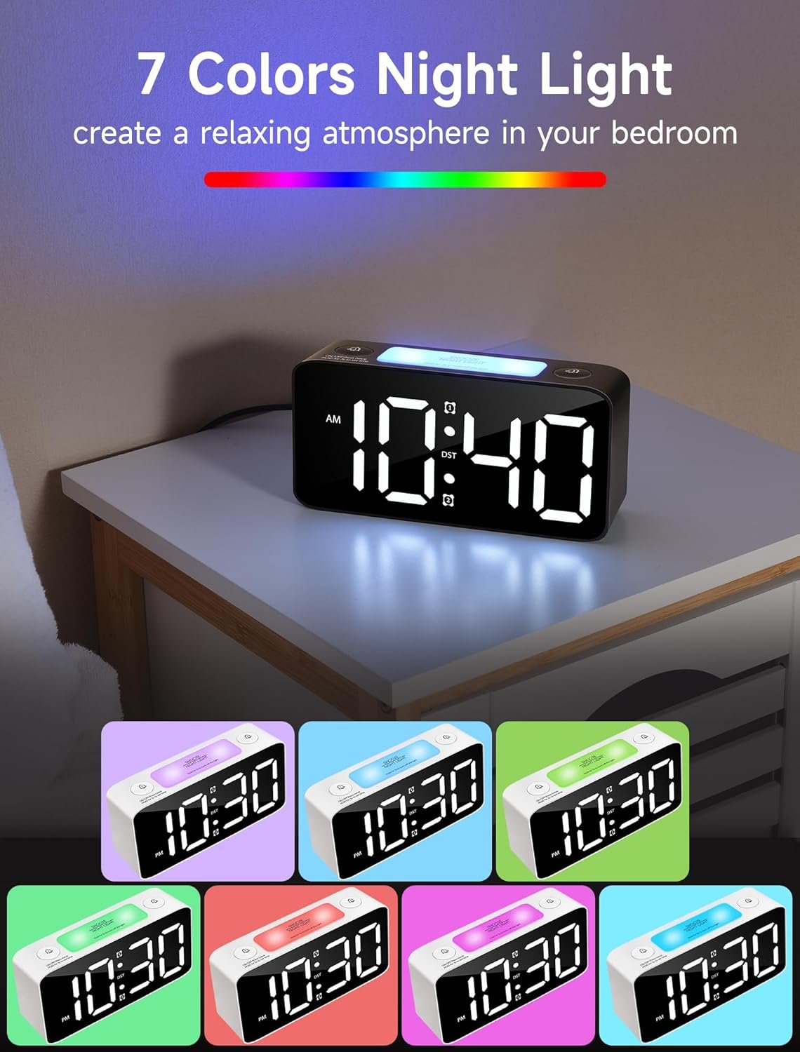 Cadmos Super Loud Alarm Clock for Heavy Sleepers Adults,Digital Clock with 7 Color NightLight,Adjustable Volume,USB Charger,Small Clocks for Bedrooms Bedside,ok to Wake for Kids,Teens (Black+RGB) - Image 5