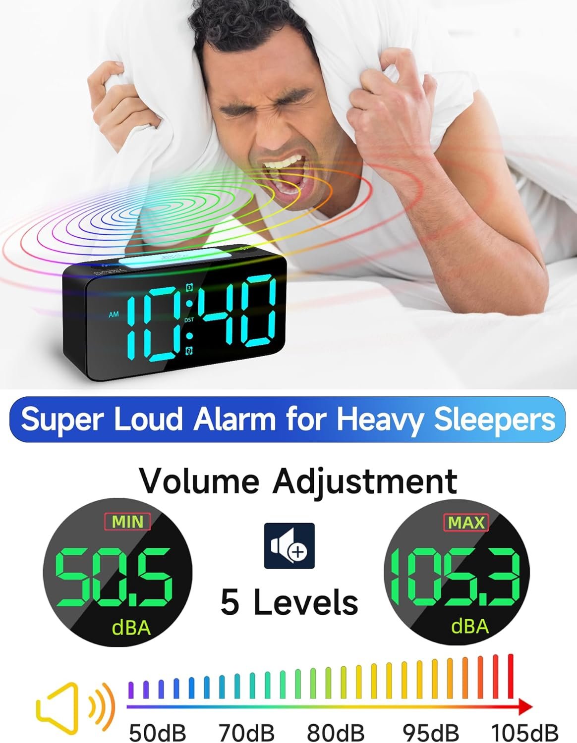 Cadmos Super Loud Alarm Clock for Heavy Sleepers Adults,Digital Clock with 7 Color NightLight,Adjustable Volume,USB Charger,Small Clocks for Bedrooms Bedside,ok to Wake for Kids,Teens (Black+RGB) - Image 6