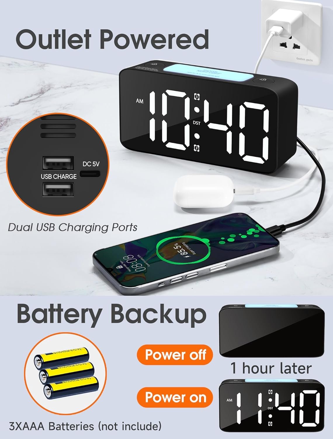 Cadmos Super Loud Alarm Clock for Heavy Sleepers Adults,Digital Clock with 7 Color NightLight,Adjustable Volume,USB Charger,Small Clocks for Bedrooms Bedside,ok to Wake for Kids,Teens (Black+RGB) - Image 7