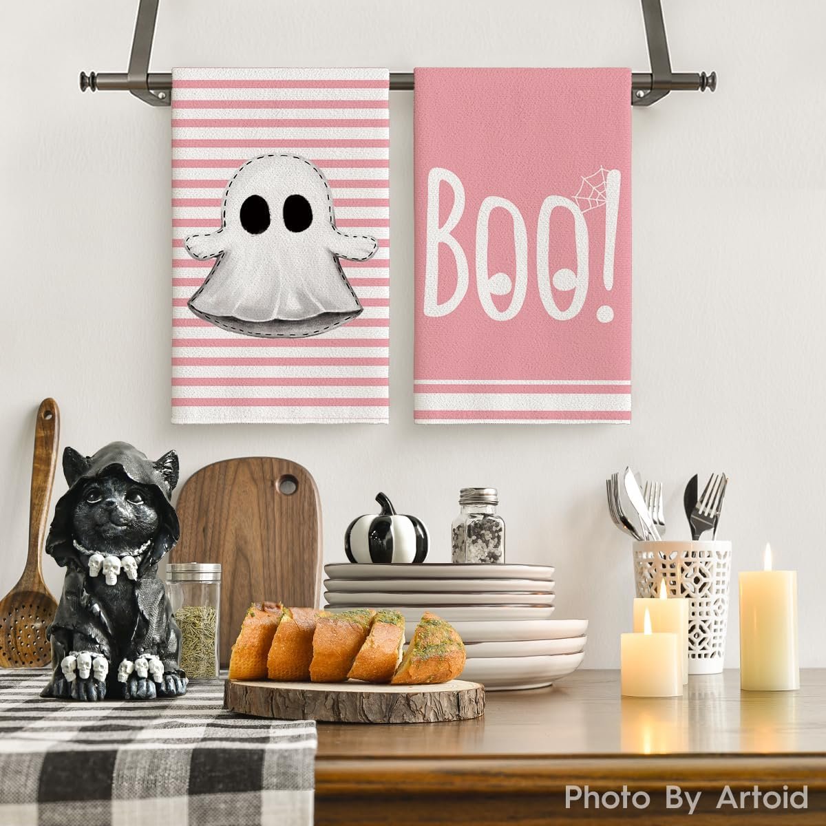 Artoid Mode Pink Stripes Ghost Boo Spooky Halloween Kitchen Towels Dish Towels, 18x26 Inch Bow Knot Decoration Hand Towels Set of 4 - Image 3