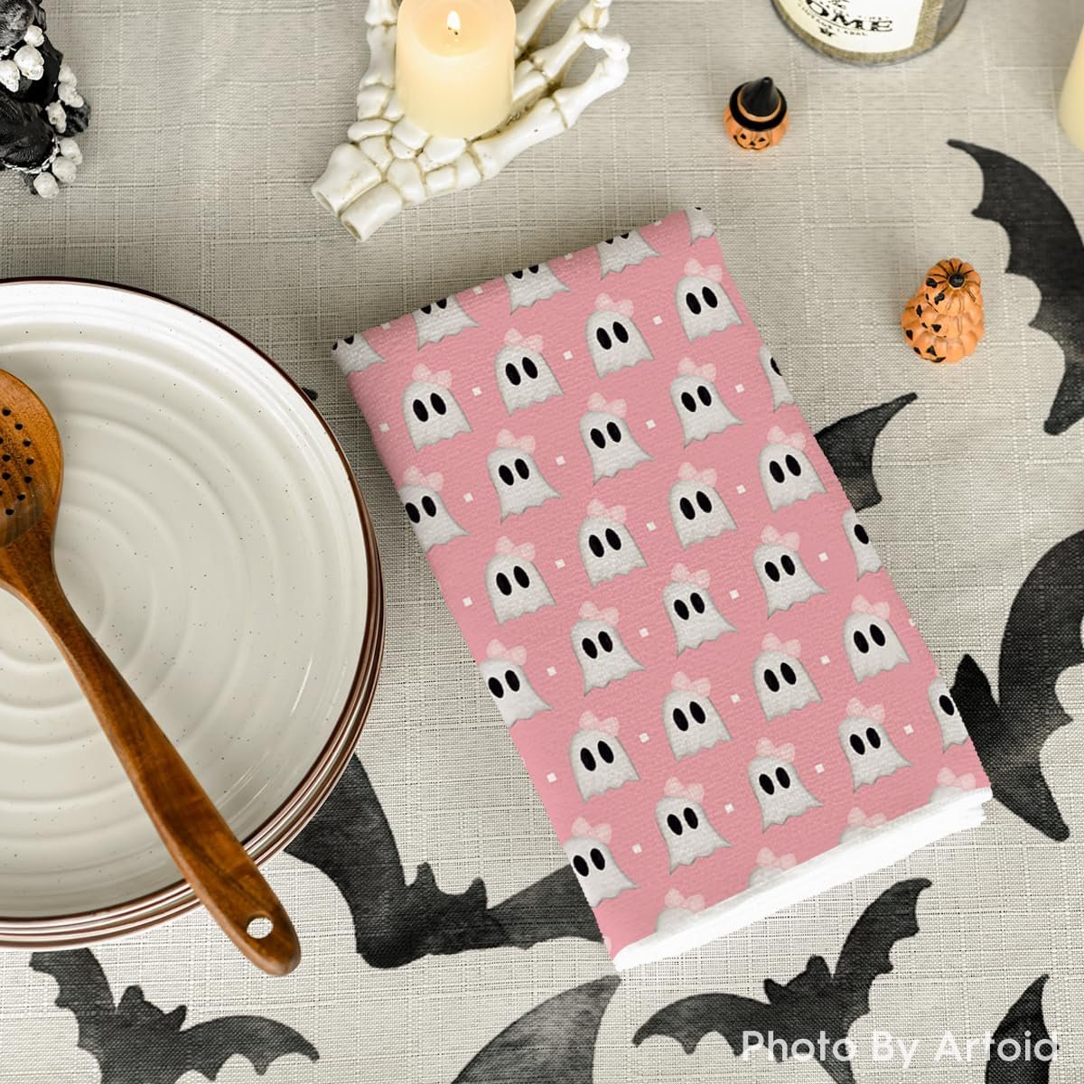 Artoid Mode Pink Stripes Ghost Boo Spooky Halloween Kitchen Towels Dish Towels, 18x26 Inch Bow Knot Decoration Hand Towels Set of 4 - Image 5