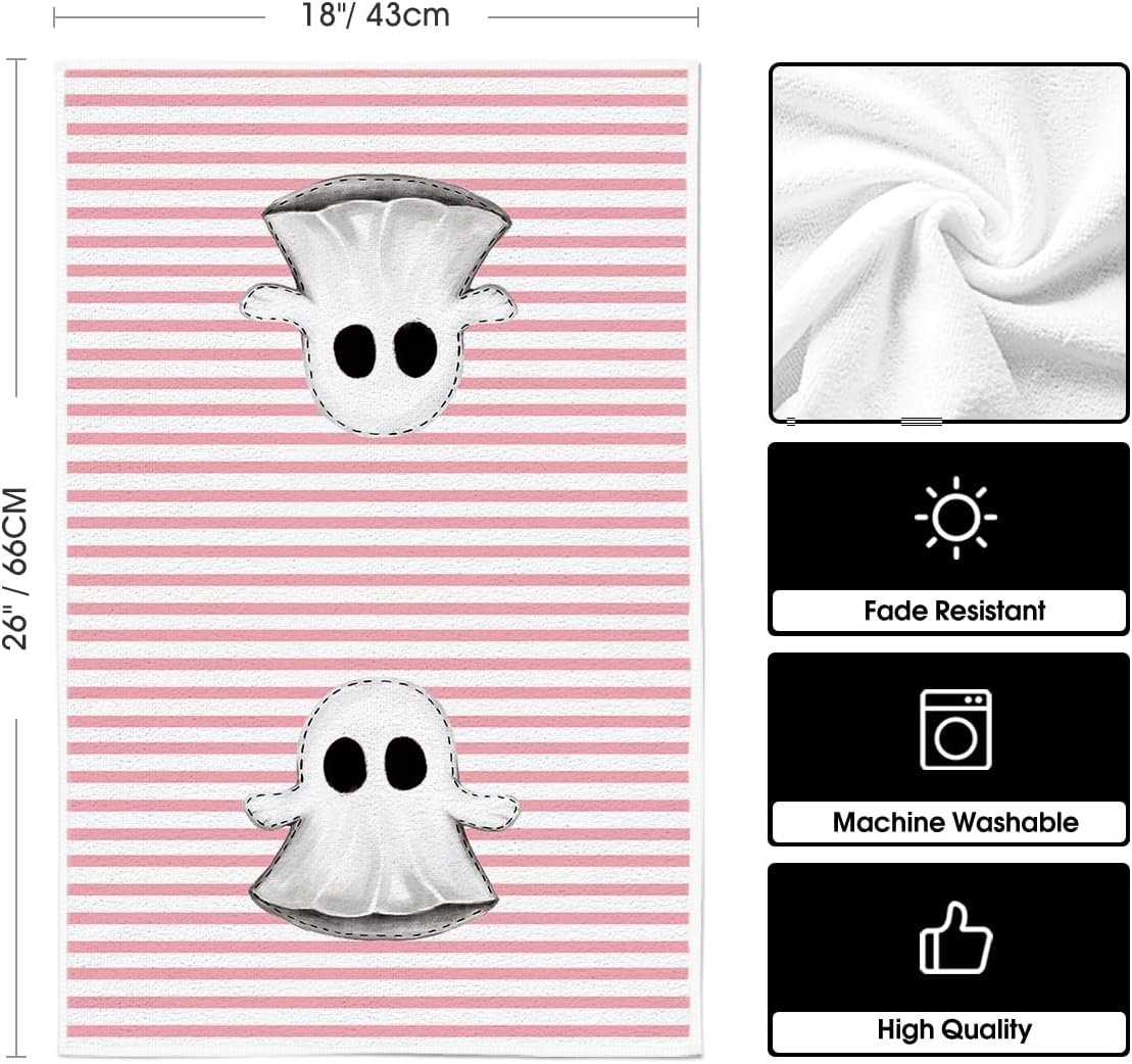Artoid Mode Pink Stripes Ghost Boo Spooky Halloween Kitchen Towels Dish Towels, 18x26 Inch Bow Knot Decoration Hand Towels Set of 4 - Image 7