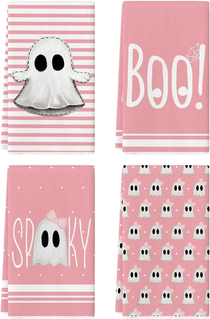 Artoid Mode Pink Stripes Ghost Boo Spooky Halloween Kitchen Towels Dish Towels, 18x26 Inch Bow Knot Decoration Hand Towels Set of 4 - Image 2