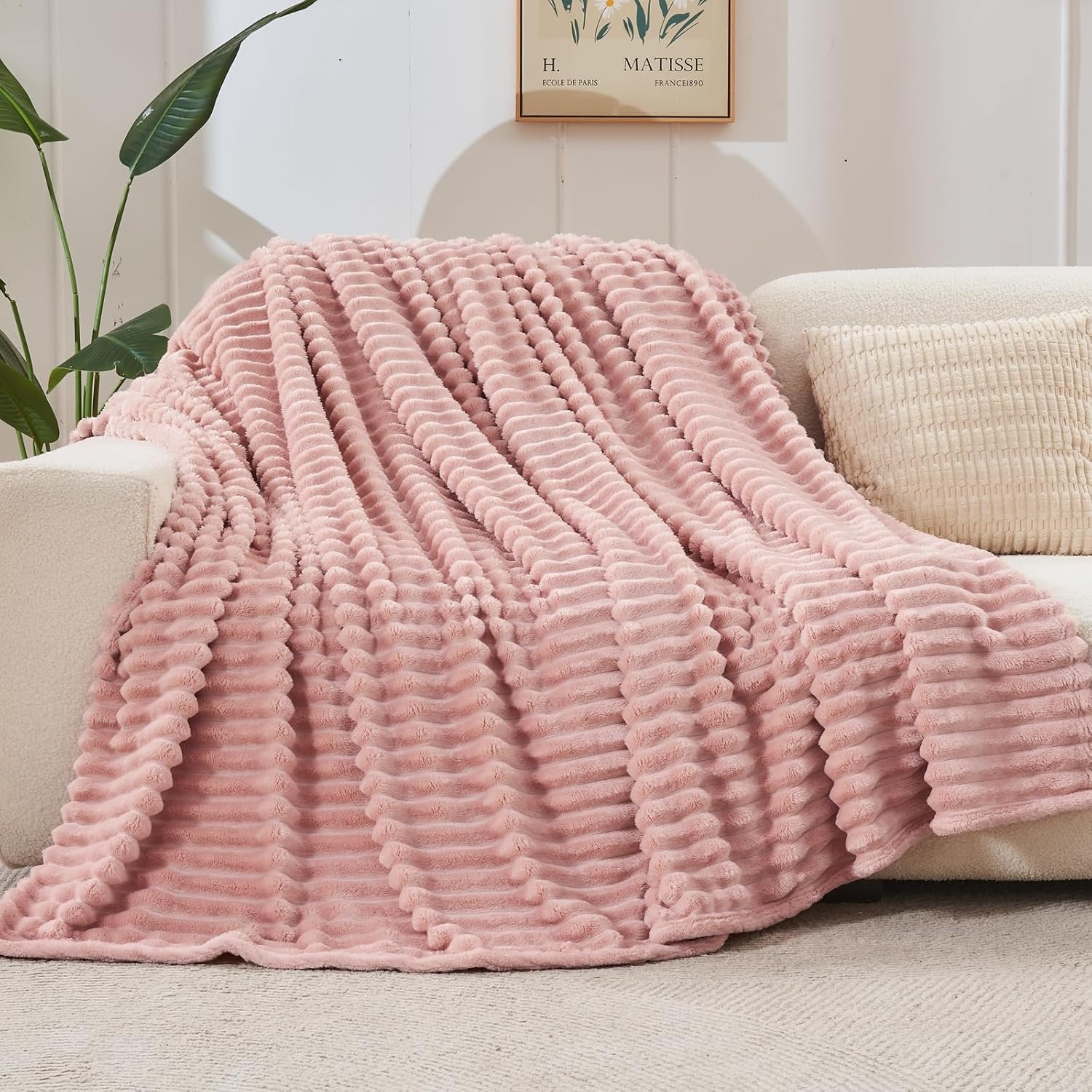 NEWCOSPLAY Super Soft Throw Blanket Pink Premium Silky Flannel Fleece 3D Ribbed Jacquard Lightweight Bed Blanket All Season Use (Pink Ribbed, Throw(50"x60")) - Image 8