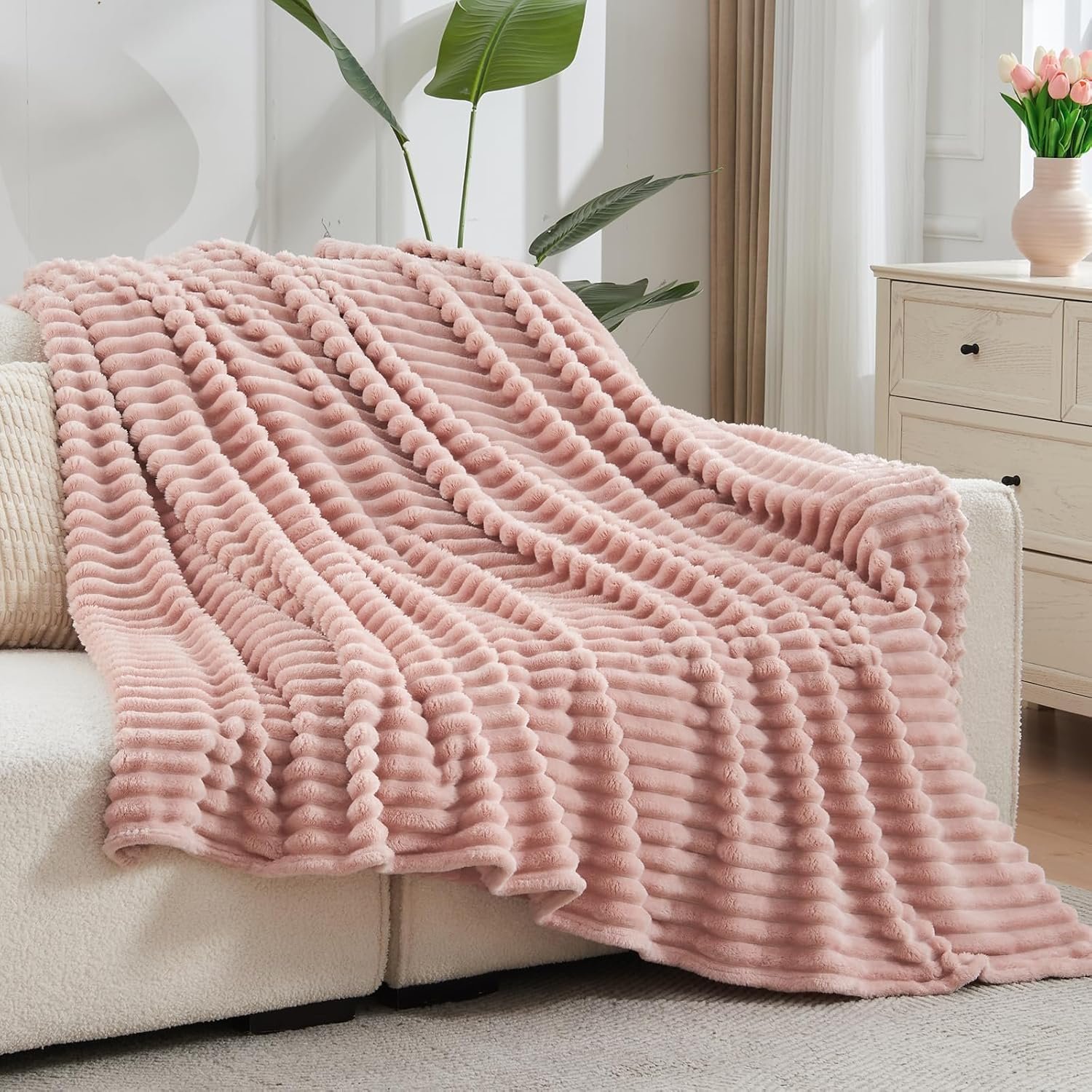 NEWCOSPLAY Super Soft Throw Blanket Pink Premium Silky Flannel Fleece 3D Ribbed Jacquard Lightweight Bed Blanket All Season Use (Pink Ribbed, Throw(50"x60")) - Image 9