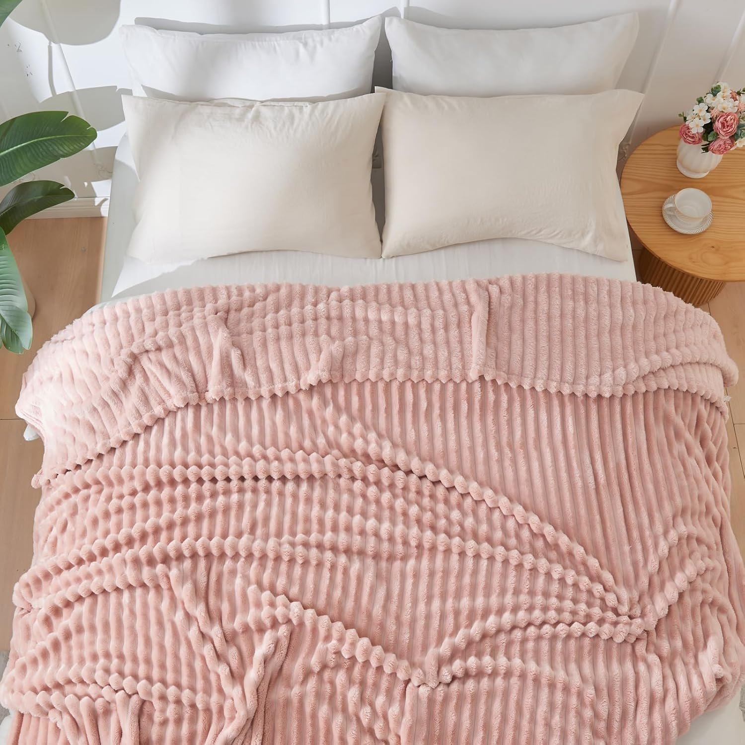 NEWCOSPLAY Super Soft Throw Blanket Pink Premium Silky Flannel Fleece 3D Ribbed Jacquard Lightweight Bed Blanket All Season Use (Pink Ribbed, Throw(50"x60")) - Image 10