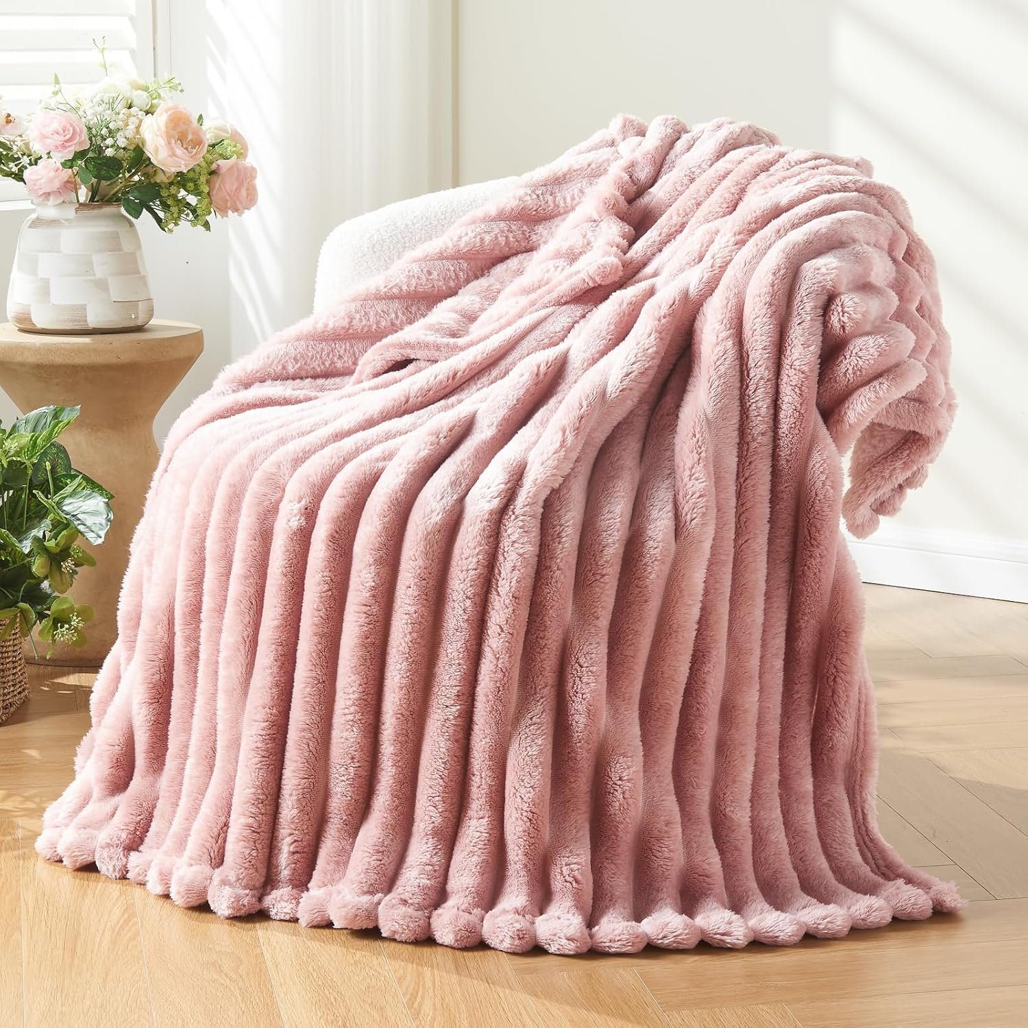 NEWCOSPLAY Super Soft Throw Blanket Pink Premium Silky Flannel Fleece 3D Ribbed Jacquard Lightweight Bed Blanket All Season Use (Pink Ribbed, Throw(50"x60")) - Image 2