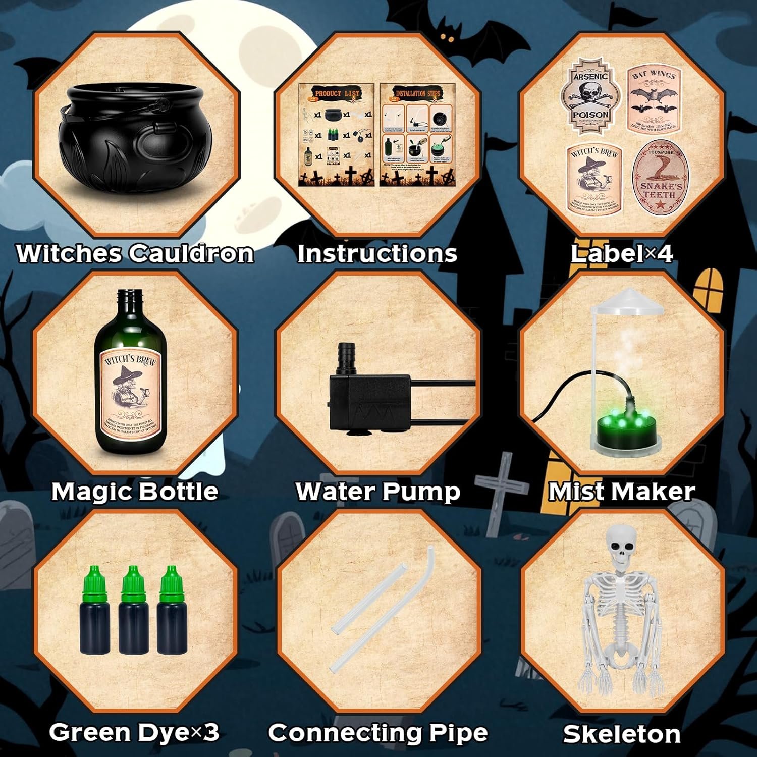 Halloween Decorations Indoor - Cauldron Decor with Skeleton, Magic Floating Potion Bottles & Fog Maker - Black Witches Cauldron Halloween Party Decoration for Home Table - Image 5