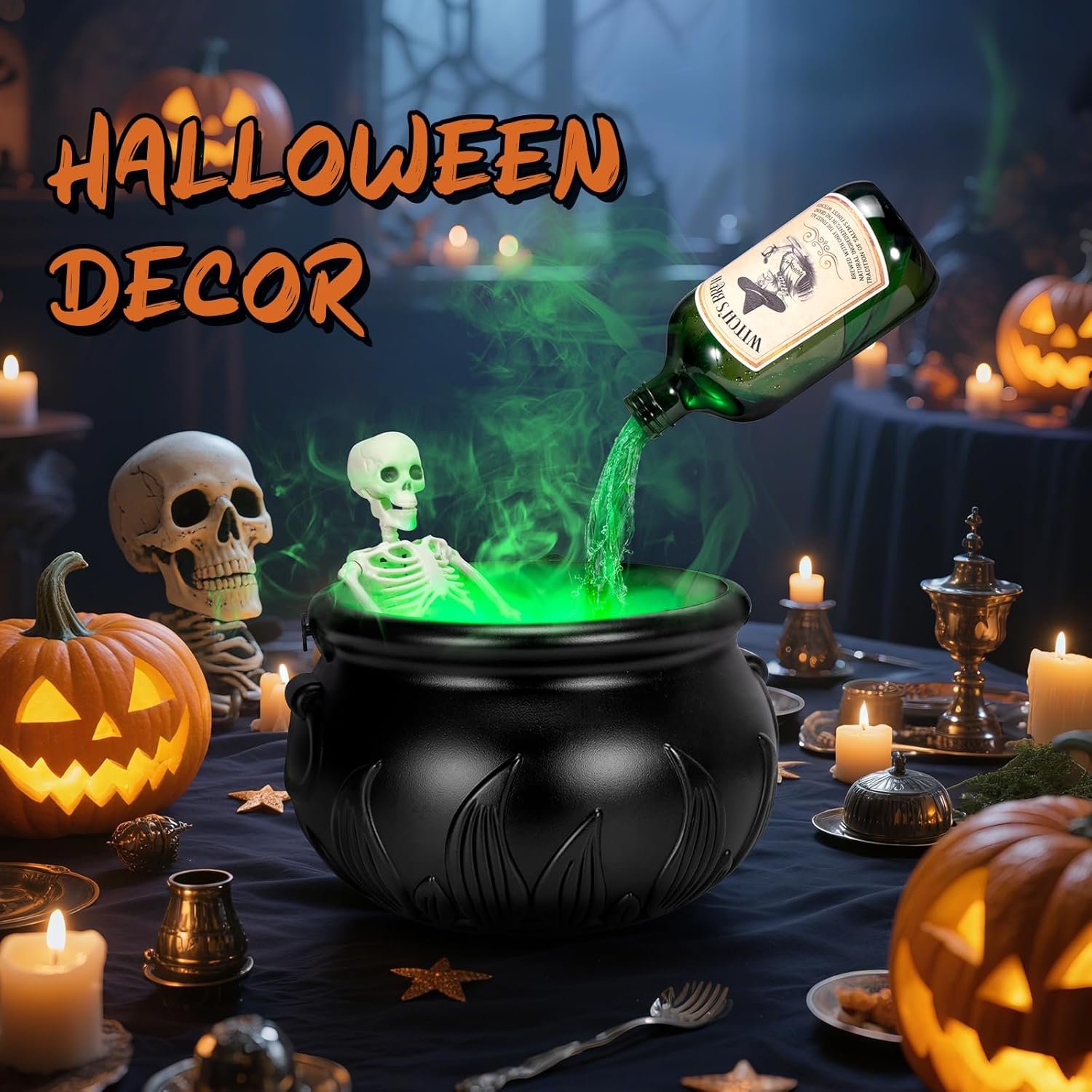 Halloween Decorations Indoor - Cauldron Decor with Skeleton, Magic Floating Potion Bottles & Fog Maker - Black Witches Cauldron Halloween Party Decoration for Home Table - Image 6