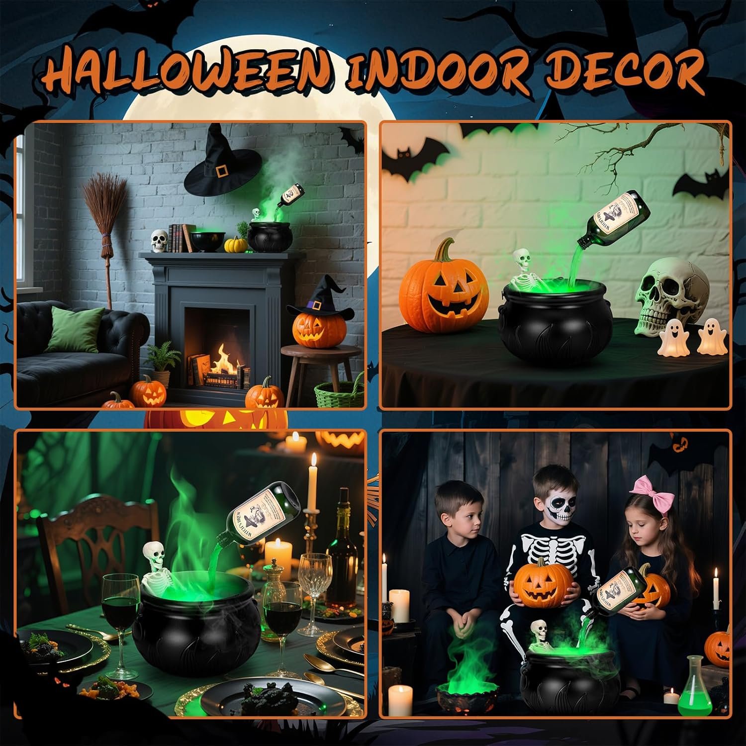 Halloween Decorations Indoor - Cauldron Decor with Skeleton, Magic Floating Potion Bottles & Fog Maker - Black Witches Cauldron Halloween Party Decoration for Home Table - Image 7
